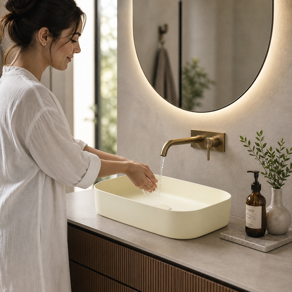 Bassino Modern Melamine Wash Basin | Stylish Countertop Wash Basin for Bathroom–400x320x110 mm Beige