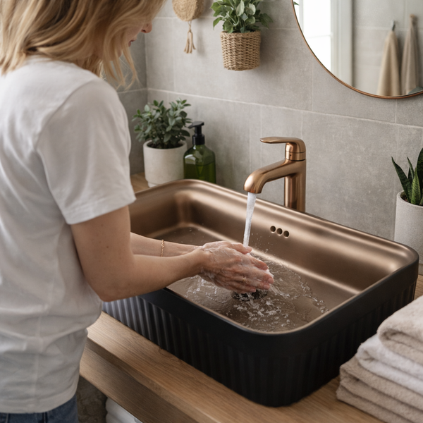 BASSINO Imperial Fluted Black-Bronze Ceramic Vessel Sink (24 x 14 x 6 Inches)