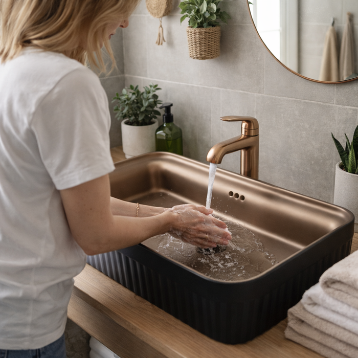 BASSINO Imperial Fluted Black-Bronze Ceramic Vessel Sink (24 x 14 x 6 Inches)