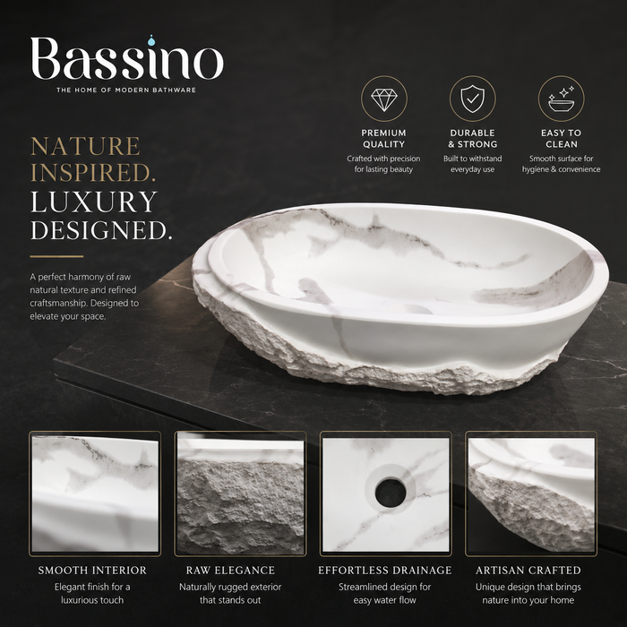 Bassino 21" White Marble Look Artificial Stone Table Top Wash Basin – Matte Oval Countertop Vessel Sink (21" x 13.5" x 5")