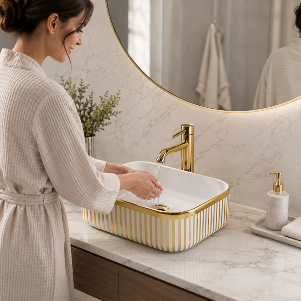 Designer Countertop Wash Basin | 16 × 12 × 6 Inch Luxury Bathroom Basin | Gold & Rose Gold Finish Variants Gold