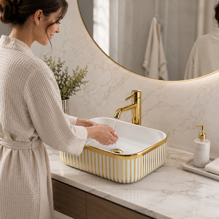 Designer Countertop Wash Basin | 16 × 12 × 6 Inch Luxury Bathroom Basin | Gold & Rose Gold Finish Variants Gold