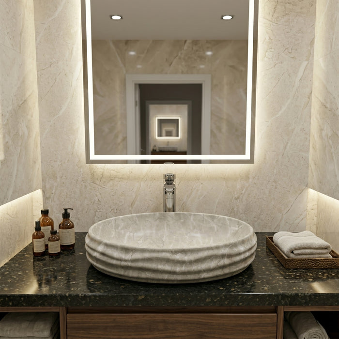 Glossy Marble Oval Countertop Wash Basin | (22" × 14.5" × 6.1" IN) Matt Marble Grey