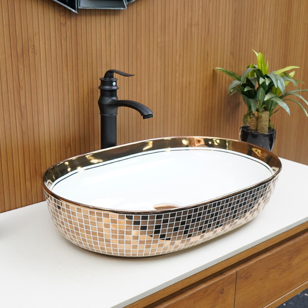 Premium Ceramic Designer Table Top Wash Basin, Rose Gold Glossy Mosaic Finish (24 x 16 x 5 In),BTT-11172