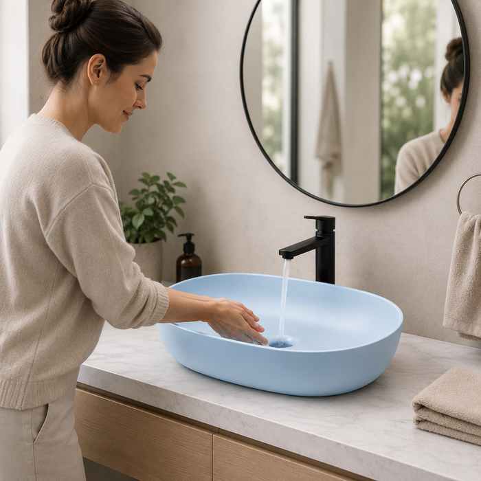 Designer Oval Countertop Wash Basin | (24" × 17" × 6" IN) Matte Finish Bathroom Sink Aqua Blue