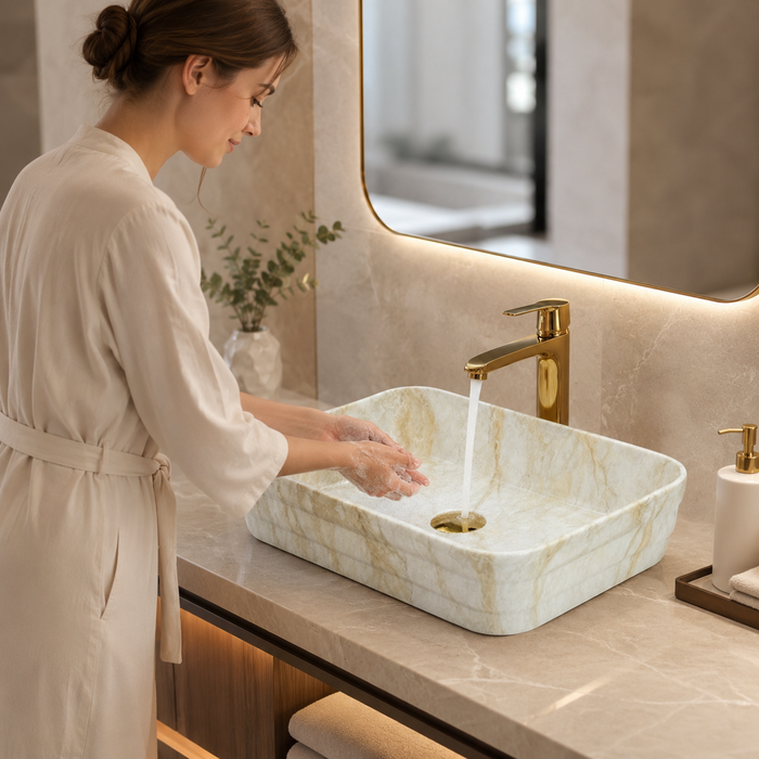 Glossy Marble Finish Rectangular Countertop Bathroom Sink Wash Basin (20" × 14" × 5" IN) Beige