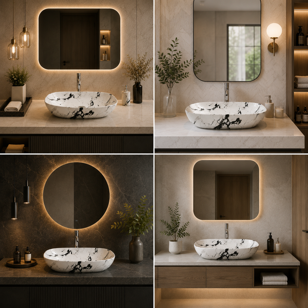 Bassino 24" Marble Pattern Oval Countertop Wash Basin – Premium Ceramic Vessel Sink, White & Black Marble Finish (23.6" x 15" x 5.5")