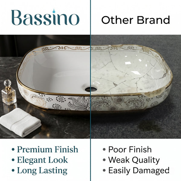 Bassino Designer Oval Countertop Wash Basin – Luxury White & Gold Ceramic Vessel Sink (19.7" x 14.2" x 5.5")