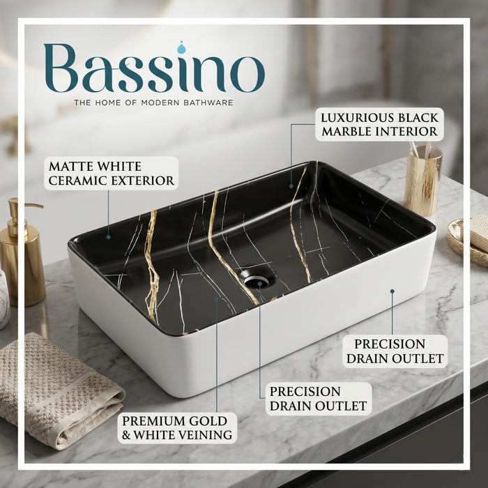 Bassino Luxury Rectangular Countertop Wash Basin – Black Marble Finish Ceramic Vessel Sink (23.6" x 13.8" x 4.3")