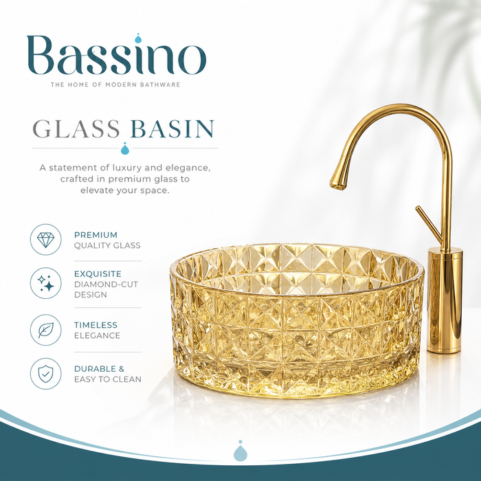 Bassino 12" Luxury Crystal Cut Glass Countertop Wash Basin – Premium Amber Gold Round Designer Vessel Sink (11.8" x 11.8" x 5.1")