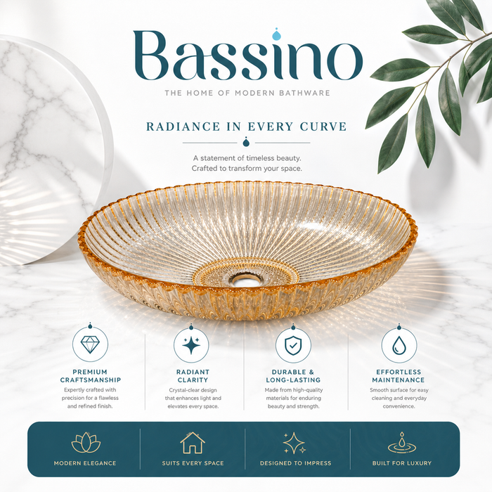 Bassino 20" Luxury Crystal Fluted Glass Countertop Wash Basin – Premium Amber Gold Oval Designer Vessel Sink (20.1" x 13.8" x 5.9")