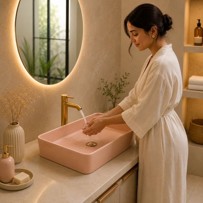 Bassino 24" Matte Pink Ceramic Countertop Wash Basin – Modern Rectangular Vessel Sink (24" x 14" x 5")
