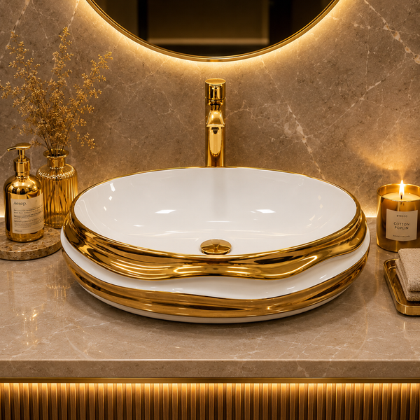 Luxury Oval Table Top Wash Basin | Glossy White Basin with Rose Gold Accents (22.05″×14.60″×6.10″ IN)