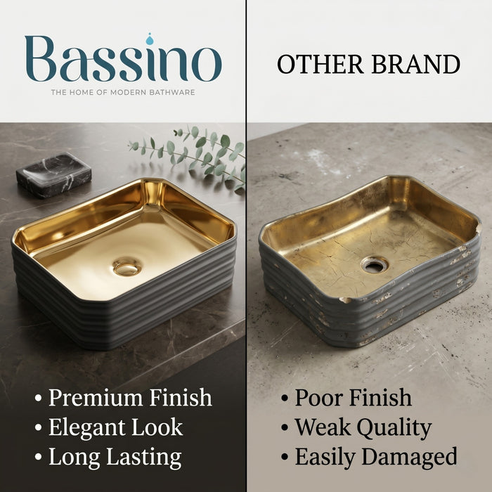 Bassino Luxury Gold Finish Countertop Wash Basin – Premium Black & Gold Ceramic Vessel Sink (18.1" x 13.4" x 4.7")
