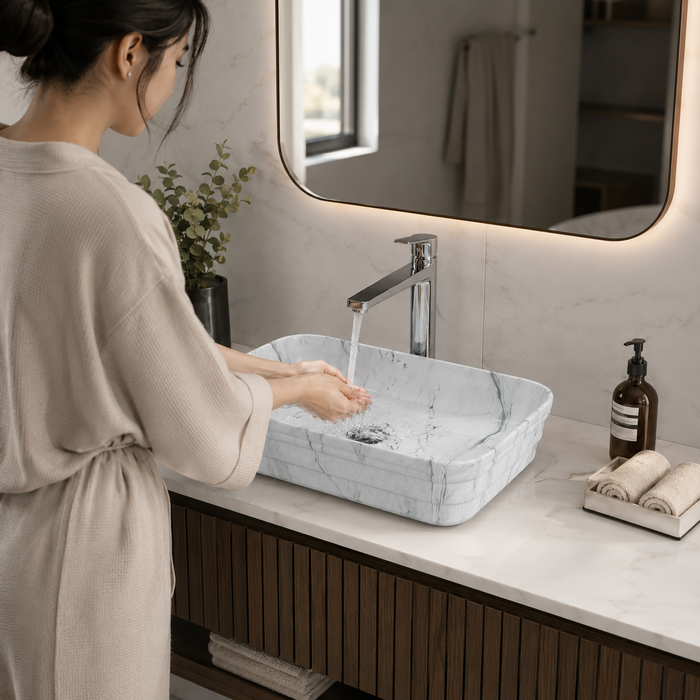 Glossy Marble Finish Rectangular Countertop Bathroom Sink Wash Basin (20" × 14" × 5" IN) White
