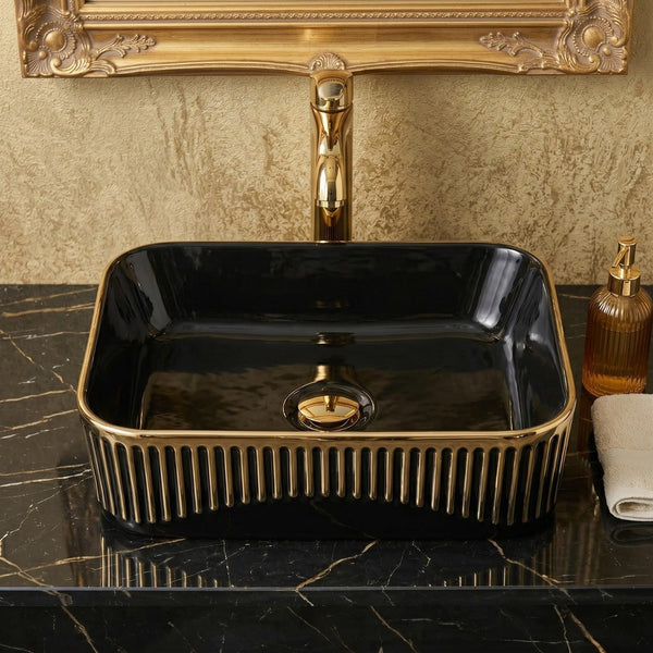 Glossy Black Rectangular Countertop Wash Basin with Gold Pattern – (20" × 13" × 5.5" IN) Black