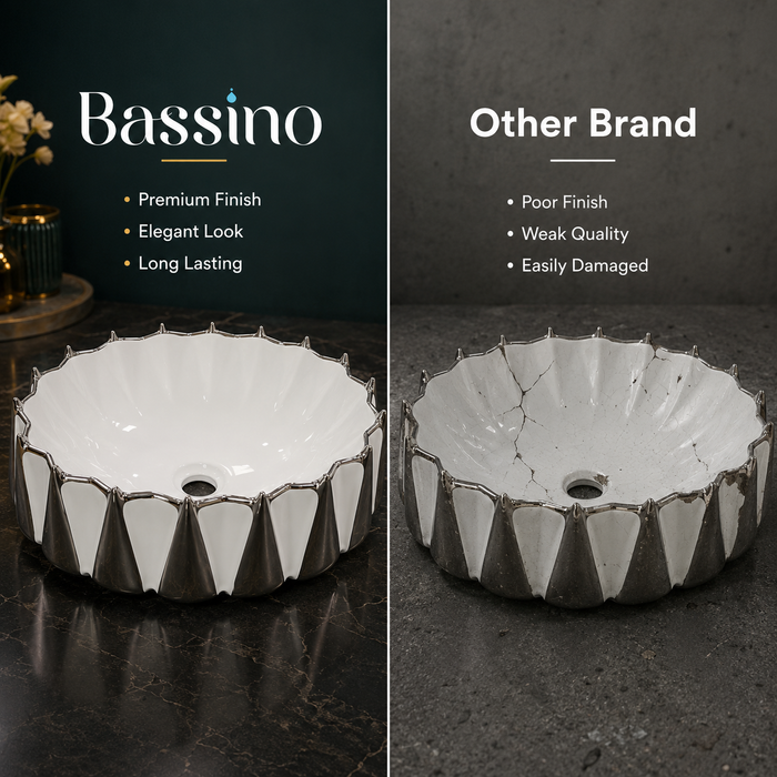 Bassino 17" Luxury White & Chrome Faceted Ceramic Countertop Wash Basin – Designer Round Vessel Sink (16.5" x 15" x 7")