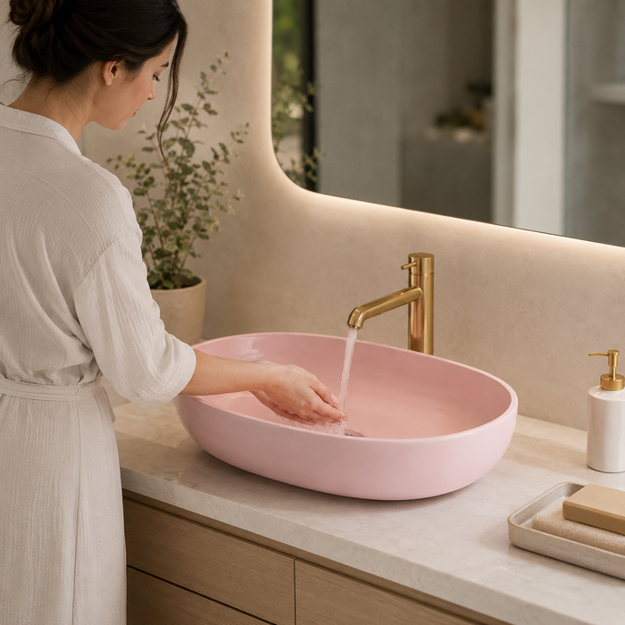 Designer Oval Countertop Wash Basin | (24" × 17" × 6" IN) Matte Finish Bathroom Sink Pink