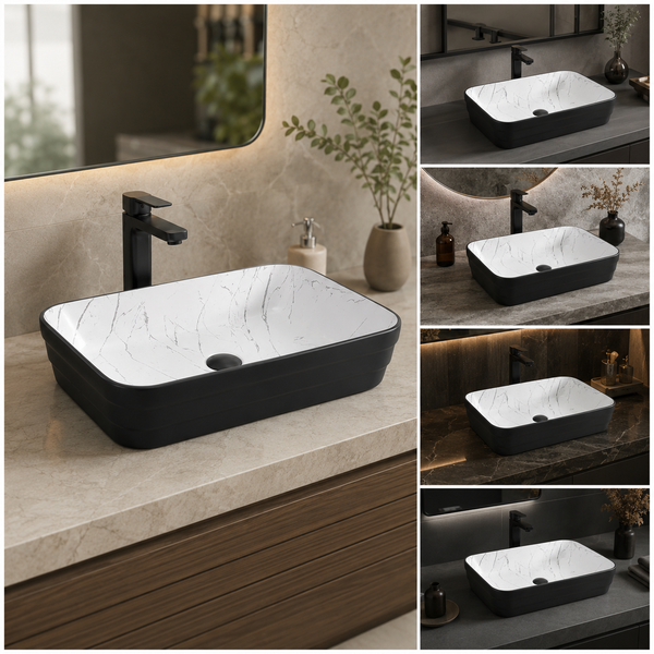 Double Color Matt Marble Bathroom Sink Rectangular Countertop Wash Basin (20" × 14" × 5"IN) Black