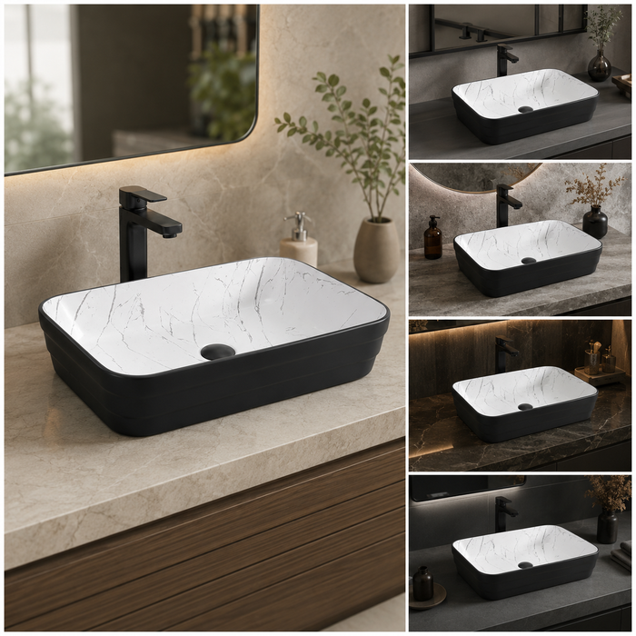 Double Color Matt Marble Bathroom Sink Rectangular Countertop Wash Basin (20" × 14" × 5"IN) Black