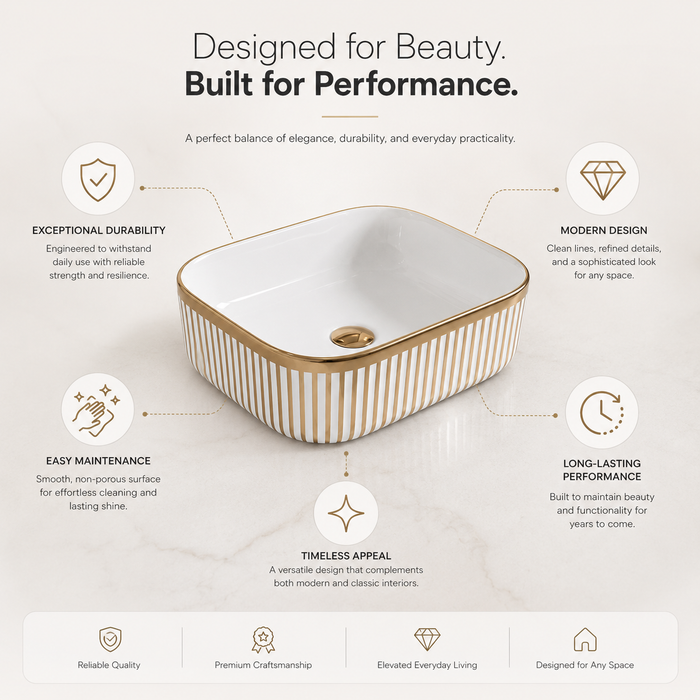 Designer Countertop Wash Basin | 16 × 12 × 6 Inch Luxury Bathroom Basin | Gold & Rose Gold Finish Variants Rose gold