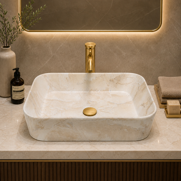 Bassino Marble Finish Rectangular Countertop Wash Basin – Premium Designer Vessel Sink (500 x 340 x 120 mm)