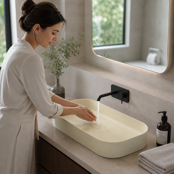 Bassino Modern Melamine Wash Basin | Stylish Countertop Wash Basin for Bathroom–800x350x125 mm Beige