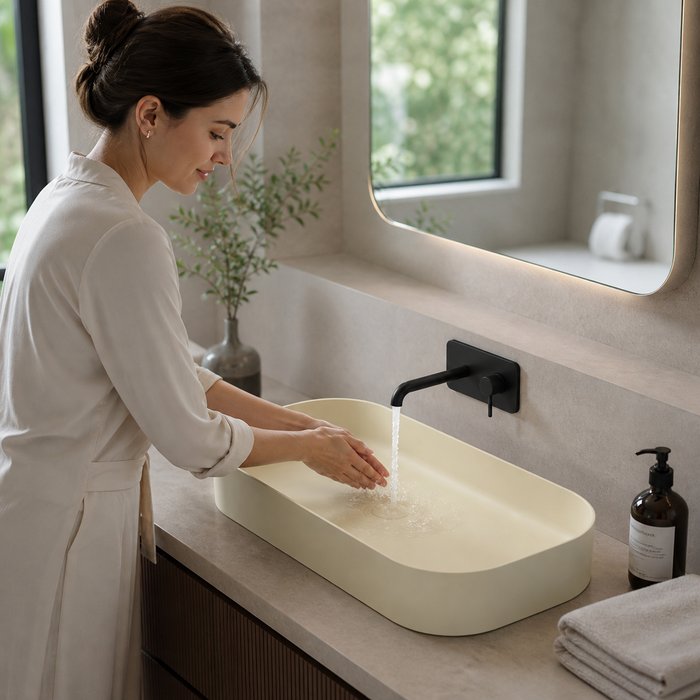 Bassino Modern Melamine Wash Basin | Stylish Countertop Wash Basin for Bathroom–800x350x125 mm Beige