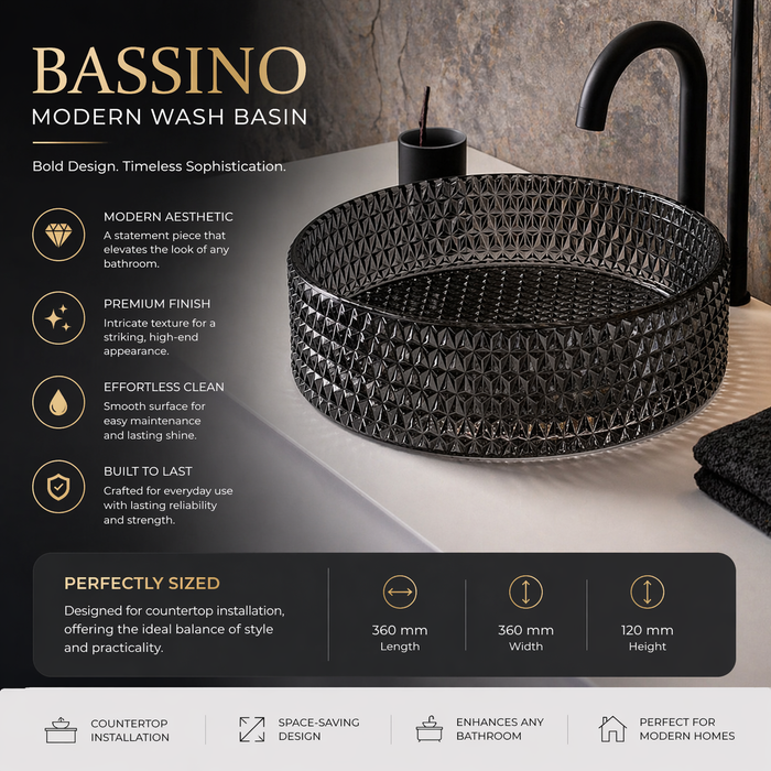 Bassino Modern Transparent Glass Wash Basin | Stylish Countertop Wash Basin for Bathroom–360x360x120 mm Black