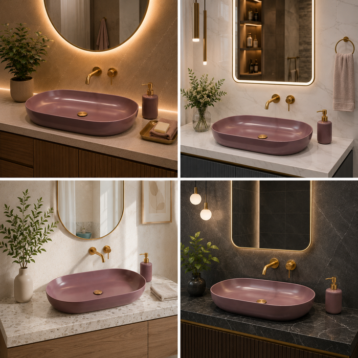 Bassino Oval Table Top Wash Basin | Premium Countertop Bathroom Sink | Matte Pink Basin 31 x 16 Inch