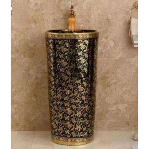 Bassino Ceramic Pedestal Free Standing Wash Basin For Living Room and Bathroom (410X410X840 MM, BLACK & GOLD) BPB-510