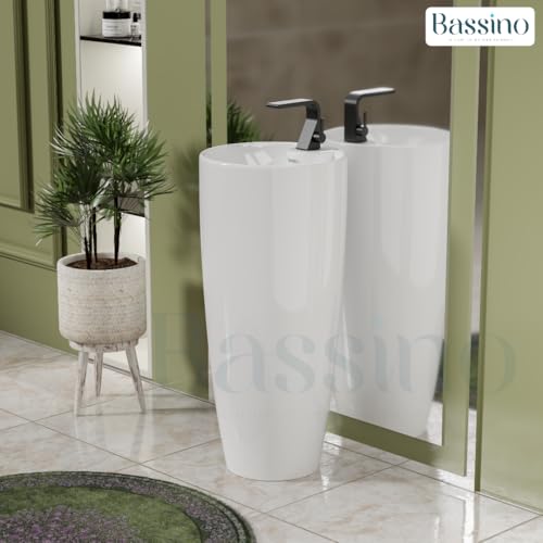 BASSINO Ceramic Pedestal Free Standing Wash Basin For Living Room and Bathroom,Home & Office Basin (380X380X845 MM, White-Glossy) BPB-751