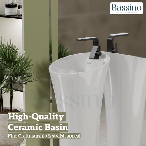 BASSINO Ceramic Pedestal Free Standing Wash Basin For Living Room and Bathroom,Home & Office Basin (380X380X850 MM, White-Glossy) BPB-753