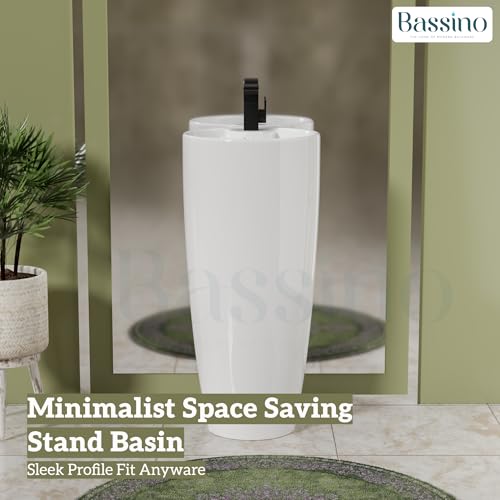 BASSINO Ceramic Pedestal Free Standing Wash Basin For Living Room and Bathroom,Home & Office Basin (380X380X845 MM, White-Glossy) BPB-751