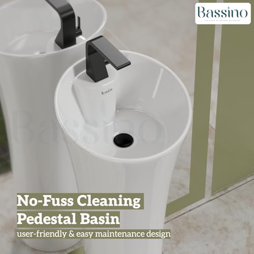 BASSINO Ceramic Pedestal Free Standing Wash Basin For Living Room and Bathroom,Home & Office Basin (380X380X850 MM, White-Glossy) BPB-753