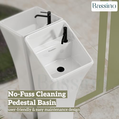 BASSINO Ceramic Pedestal Free Standing Wash Basin For Living Room and Bathroom,Home & Office Basin (300X320X895 MM, White-Glossy) BPB-754