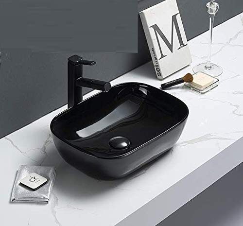 BASSINO Art Premium Ceramic Countertop or Tabletop Glossy Designer Rectangle Shape Handwash Sink Wash Basin (Black, 18 x 13 x 5.5 Inch)