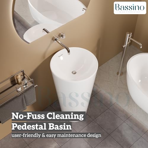 Premium Ceramic Pedestal Wash Basin, White Glossy (18.5 × 18.5 × 32 In) BPB-654