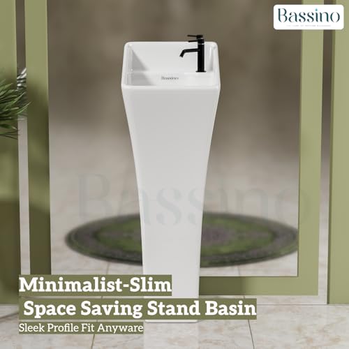 BASSINO Ceramic Pedestal Free Standing Wash Basin For Living Room and Bathroom,Home & Office Basin (300X320X895 MM, White-Glossy) BPB-754