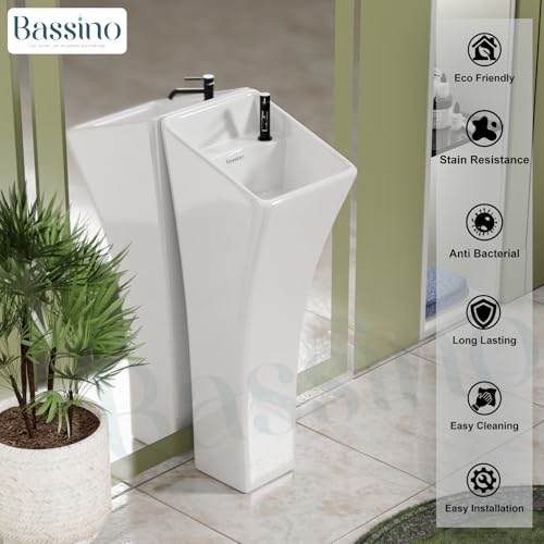 BASSINO Ceramic Pedestal Free Standing Wash Basin For Living Room and Bathroom,Home & Office Basin (300X320X895 MM, White-Glossy) BPB-754