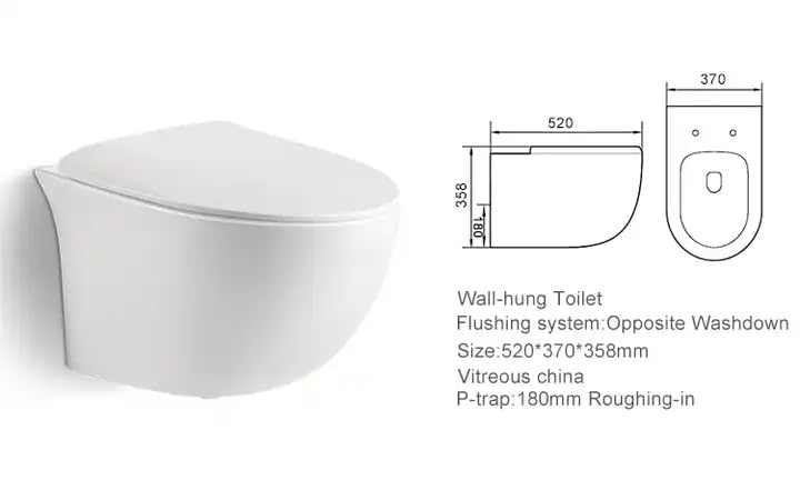 Bassino Ceramic Wall Mount/Wall Hung Western Toilet/Commode/Water Closet /European Commode P Trap Outlet Is From WALL With Soft Close Seat Cover For Bathrooms (Size : 520*370*360mm)