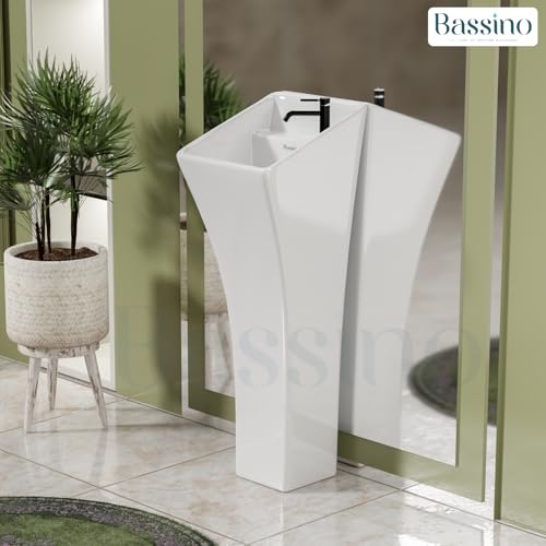 BASSINO Ceramic Pedestal Free Standing Wash Basin For Living Room and Bathroom,Home & Office Basin (300X320X895 MM, White-Glossy) BPB-754