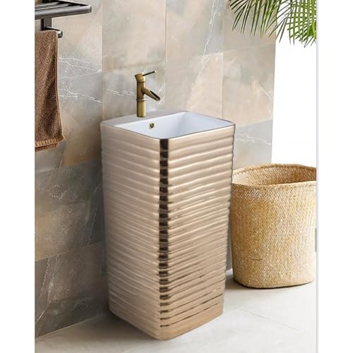 Bassino Ceramic Pedestal Free Standing Wash Basin For Living Room and Bathroom (400X400X830 MM, WHITE & ROSEGOLD) BPB-511