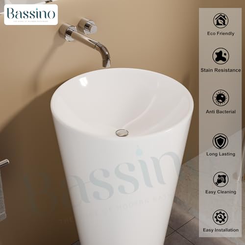 Premium Ceramic Pedestal Wash Basin, White Glossy (18.5 × 18.5 × 32 In) BPB-654