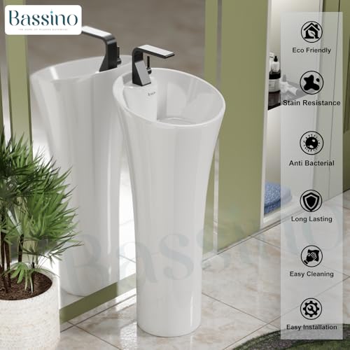 BASSINO Ceramic Pedestal Free Standing Wash Basin For Living Room and Bathroom,Home & Office Basin (380X380X850 MM, White-Glossy) BPB-753