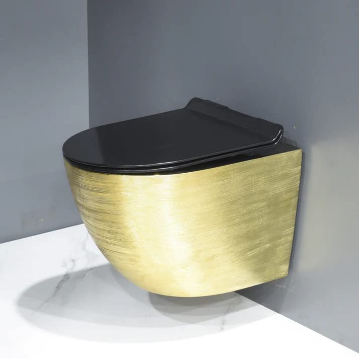 Bassino Ceramic Wall Mount/Wall Hung Western Toilet/Commode/Water Closet /European Commode P Trap Outlet Is From WALL With Soft Close Seat Cover For Bathrooms (Size : 490*490*370mm) INSIDE BLACK OUTSIDE GOLD TEXTURE