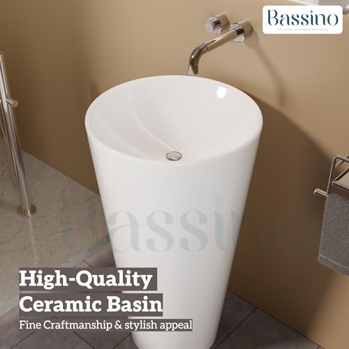 Premium Ceramic Pedestal Wash Basin, White Glossy (18.5 × 18.5 × 32 In) BPB-654