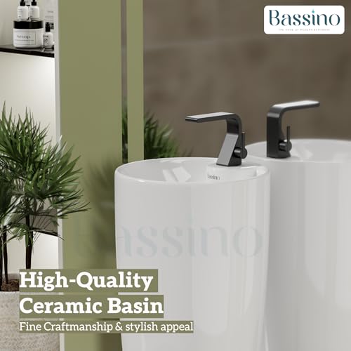 BASSINO Ceramic Pedestal Free Standing Wash Basin For Living Room and Bathroom,Home & Office Basin (380X380X845 MM, White-Glossy) BPB-751