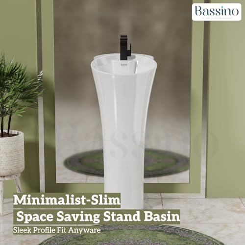 BASSINO Ceramic Pedestal Free Standing Wash Basin For Living Room and Bathroom,Home & Office Basin (380X380X850 MM, White-Glossy) BPB-753