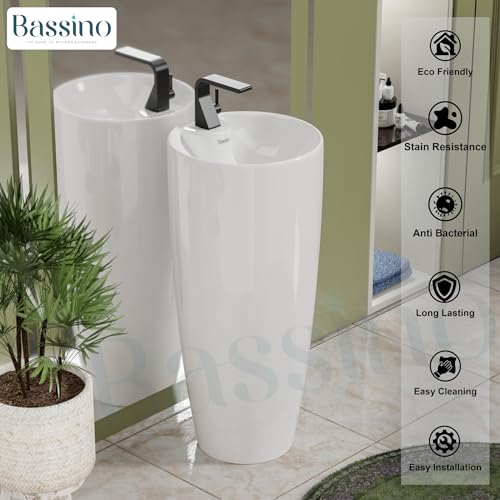 BASSINO Ceramic Pedestal Free Standing Wash Basin For Living Room and Bathroom,Home & Office Basin (380X380X845 MM, White-Glossy) BPB-751